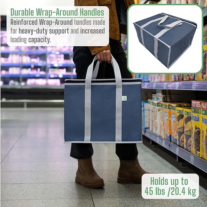 VENO 2 Pack Cooler Bag and Insulated Grocery Bags for Food Delivery, Collapsible Cooler, Reusable Shopping Bags for Groceries with Zipper, Foldable, Heavy-Duty, Stands Upright (Dark Blue, 2 Pack)