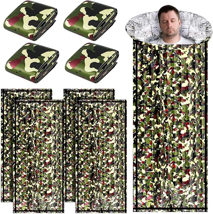 Preboun 10 Pcs Emergency Sleeping Bag Portable Lightweight Survival Bag Thermal Bivy Sack Waterproof Emergency Blanket Survival Gear for Outdoor Camping Hiking Homeless People Shelter (Camouflage)