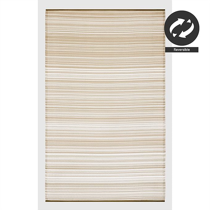 FH Home Outdoor Rug - Waterproof, Fade Resistant, Reversible - Premium Recycled Plastic - Striped - Patio, Deck, Porch, Balcony - Havana - Beige Crease Free - 5 x 8 ft
