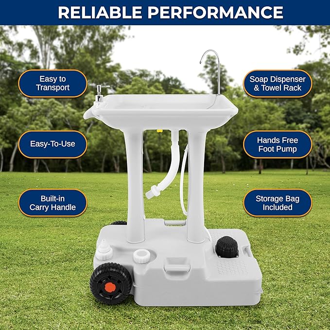 SereneLife Portable Camping Sink with 30L (7+ Gallon) Built-In Water Tank, Large Wheels, Hands-Free Foot Pump, Extra-Large Basin, and 5L Soap Dispenser – Ideal for Outdoors, Camping, and Worksites