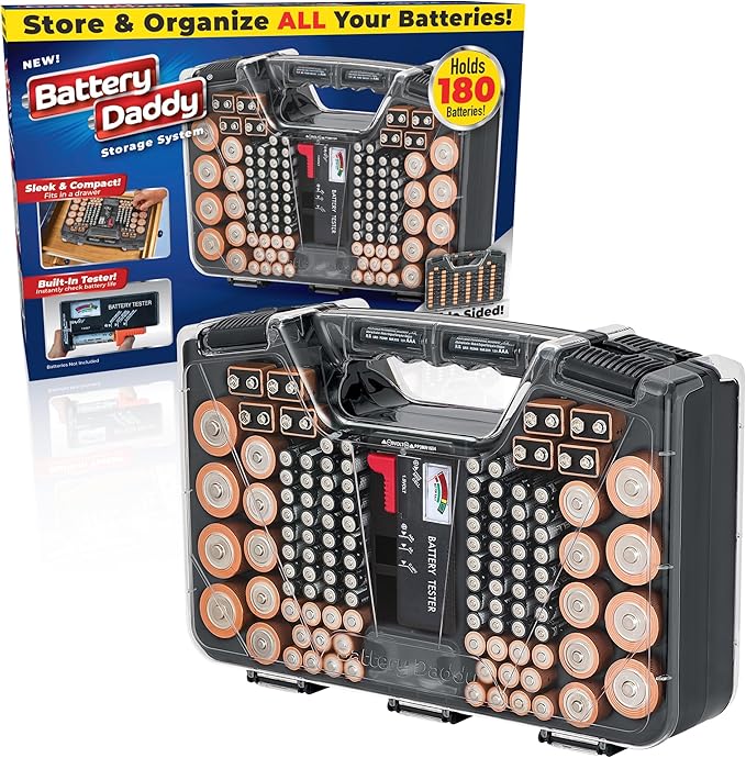 Ontel Battery Daddy Storage & Organizer Case with Tester, Stores & Protects Up to 180 Batteries, Double-Sided, Durable Design W/Clear Locking Lid, Secure Latches & Portable Carrying Handle - Charcoal