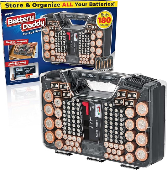 Ontel Battery Daddy Storage & Organizer Case with Tester, Stores & Protects Up to 180 Batteries, Double-Sided, Durable Design W/Clear Locking Lid, Secure Latches & Portable Carrying Handle - Charcoal