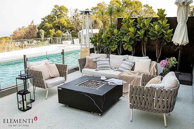 Elementi+ | Bianco Gas Fire Pit | Marble Porcelain & Metal Frame | 40" Square Fire Table | Electronic Ignition | Canvas Cover, Fire Glass & Burner Lid Included | White | Propane Gas