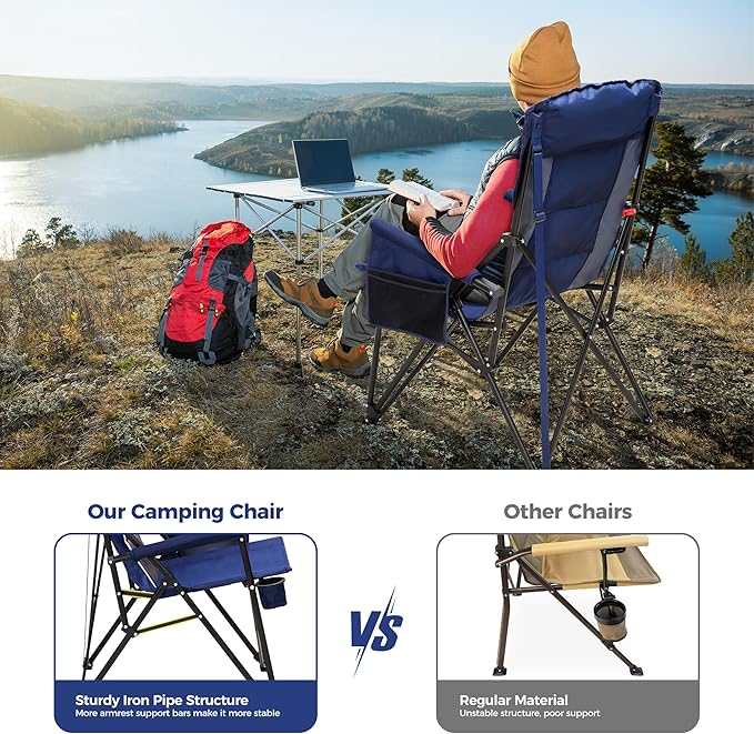 ALPHA CAMP Heavy Duty High Back Camping Chairs with Cup Holder Oversized Folding Chair Outdoor Chair with Headrest,Lawn with Side Pocket for Lawn, Sports and Fishing, 500lbs