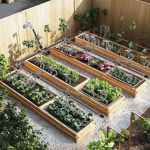 100Ft Drip Irrigation System Kit with Watering Kit Locked Fittings 360 Degree Micro Drip Sprayer Automatic Irrigation Equipment for Small Farm, Raised Bed 1/4 Inch 5/16 Inch Irrigation Tubing Hose