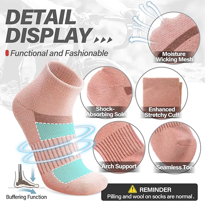 6 Pairs Merino Wool Ankle Running Hiking Socks Compression Support Breathable Thick Cushion No Show Socks for Women Men