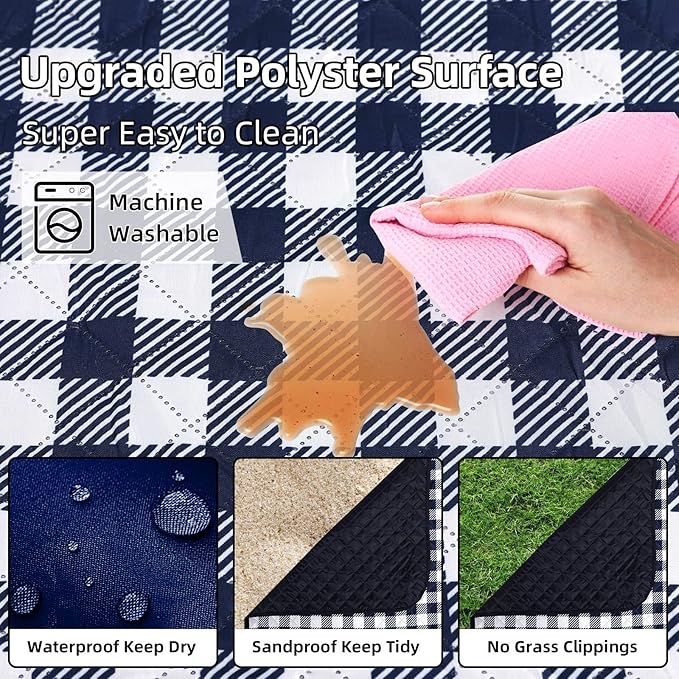 ZAZE Picnic Blankets Machine Washable, 80''x80'' Extra Large Waterproof Sandproof Foldable Compact Beach Blanket, Oversized XL Outdoor Mat for Spring Summer Camping, Park, Travel Grass(Blue and White)