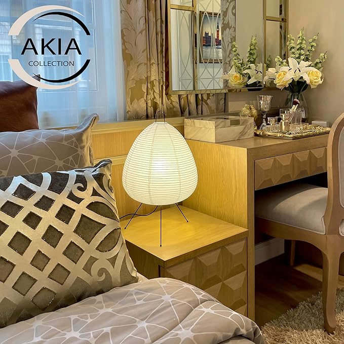 Noguchi Akari Rice Paper Lantern Lamp ??Dimmable Japanese Table Lamp with Washi Paper Shade, Bulb Included ??Japandi Bedside, Desk Light
