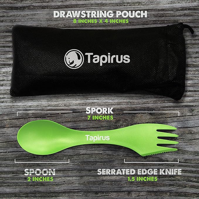 Tapirus - Spork to Go V8 Set - 7-inch BPA Free Sporks - Spoon, Fork and Knife Combo Utensils Flatware Mess Kit for Camping and Outdoor Activities - with Bottle Opener and Carrying Case - Pack of 8