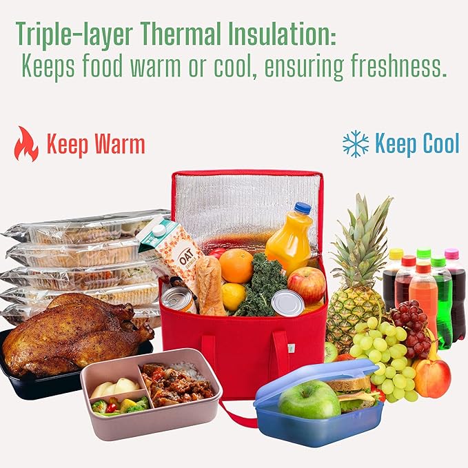 VENO 3 Pack Cooler Bag and Insulated Grocery Bags for Food Delivery, Collapsible Cooler, Reusable Shopping Bags for Groceries with zipper, Foldable, Heavy-Duty, Stands Upright (Red, 3 Pack)