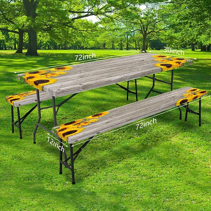 3 Pcs Sunflower Wooden Picnic Table Cover with Bench Covers,30X60 Inch Rustic Sunflower Waterproof Fitted Picnic Table Cloths Wood Texture Elastic Outdoor Picnic Tablecloth for Camping Patio Travel