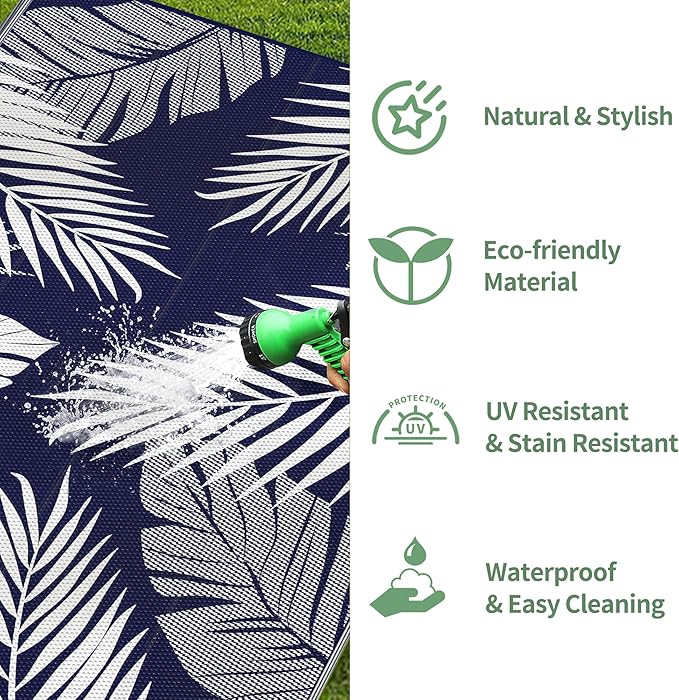 GENIMO Outdoor Rug 5' x 8' Waterproof for Patios Clearance, Reversible Outdoor Plastic Straw Camping Rug Carpet, Large Area Rugs Mats for RV, Picnic, Backyard, Deck, Balcony, Porch, Beach, Blue&White