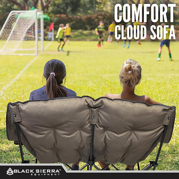 Black Sierra Double Camping Chair for Adults, Oversized Folding Loveseat Supports 600 lbs, Plush Padded Outdoor Couch with Cup Holders and Carry Bag for Beach, Patio, RV, or Tailgating Events