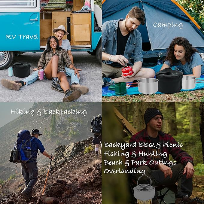 8.7"x8.7"x5" Large Capacity Compact 11 Pcs 4 to 8 People Stainless Steel Camping Cooking Cookware Sets with Utensils and Kettle, Outdoor Mess Cooking Kit with Carrying Bag