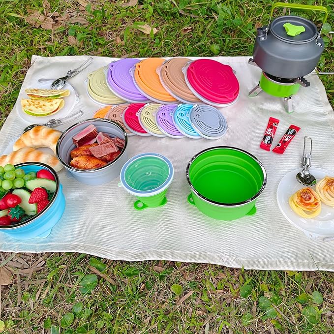 Mess Kit for Camping Silicone Collapsible Bowl Collapsible Cup and Stainless Steel Spoon for Backpacking Outdoor Hiking Traveling and Picnic - 2 Pack