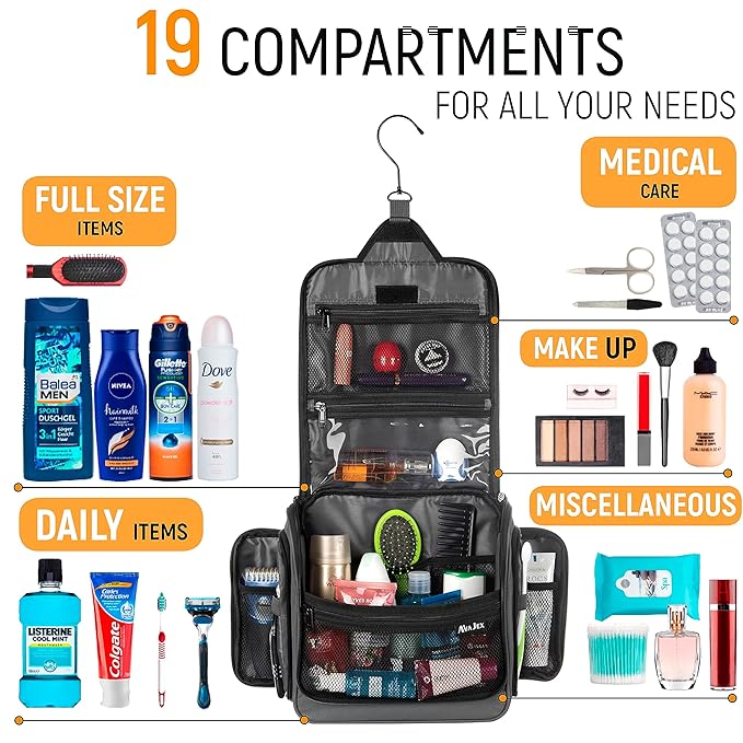 Travel Toiletry Bag for Men and Women - Large Hanging Toiletry Organizer - Waterproof Hygiene Bag with Metal XXL Swivel Hook, with Sturdy Zippers and 19 Compartments for Toiletries, Makeup, Cosmetics