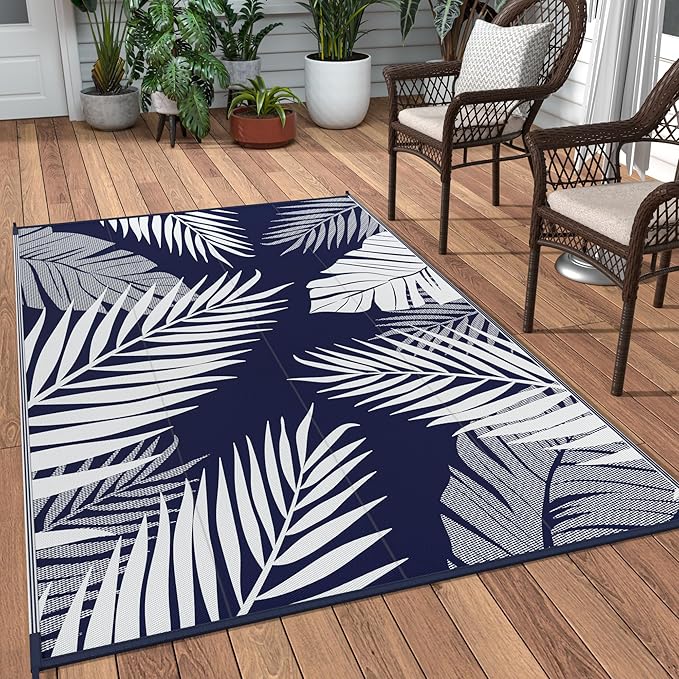 GENIMO Outdoor Rug 3' x 5' Waterproof for Patios Clearance, Reversible Outdoor Plastic Straw Camping Rug Carpet, Large Area Rugs Mats for RV, Camper, Deck, Balcony, Porch, Beach, Navy Blue&White