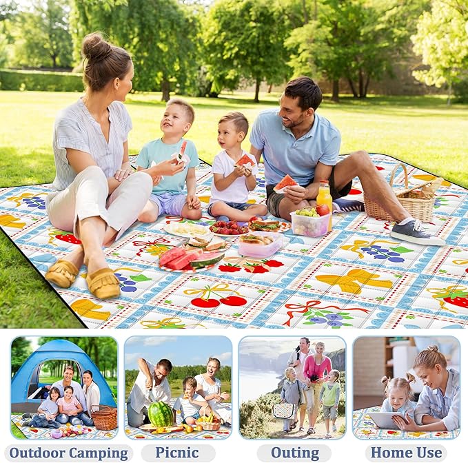 Extra Large Picnic Blanket Waterproof,80"x 80"Foldable Machine Washable Beach Blanket,Outdoor Blanket for 6-8 Adults,Suitable for Indoor Crawling,Park Beach,Camping,Hiking,Family Travel(Fruit)