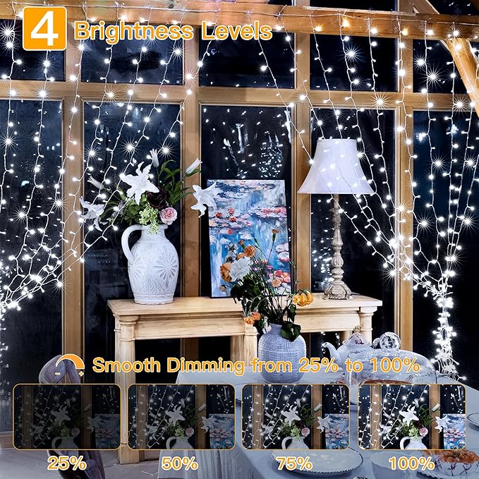 Ollny Curtain Lights 6.6x6.6ft, 200 LED White String Lights with Remote 8 Modes Dimmable Timer, USB Power Fairy Light for Bedroom Backdrop Indoor Wall Window Wedding Decor