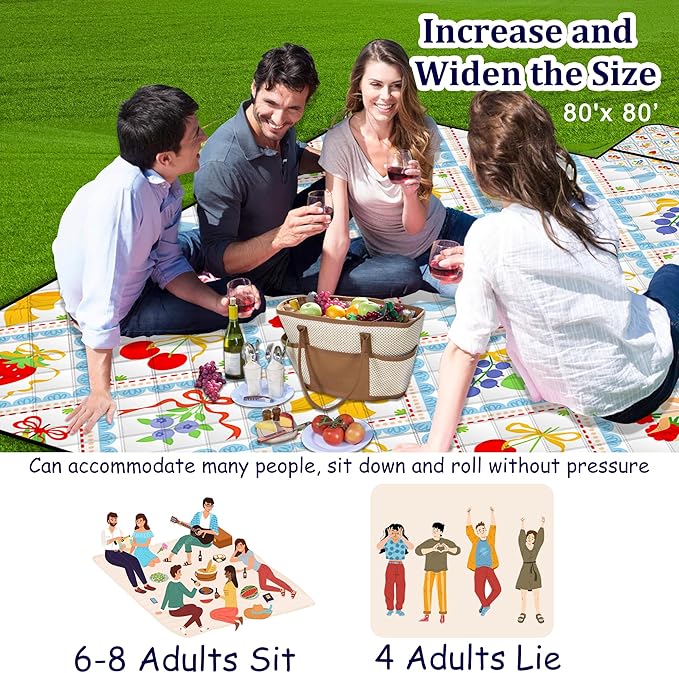 Extra Large Picnic Blanket Waterproof,80"x 80"Foldable Machine Washable Beach Blanket,Outdoor Blanket for 6-8 Adults,Suitable for Indoor Crawling,Park Beach,Camping,Hiking,Family Travel(Fruit)