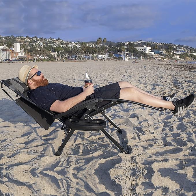 XXL Oversize Recliner Folding Chair – Heavy Duty Zero Gravity Lounge Chair with Sunshade, Cup Holder Tray & Padded Seat – Extra Wide Reclining Patio Chair for Camping & Outdoors