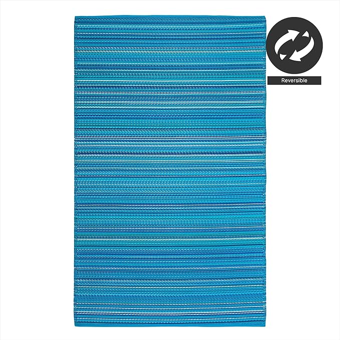 FH Home Outdoor Camping Rug - Waterproof, Fade Resistant, Reversible - Premium Recycled Plastic - Striped - Large Patio, Deck, Sunroom, RV - Havana - Turquoise - 9 x 12 ft Foldable
