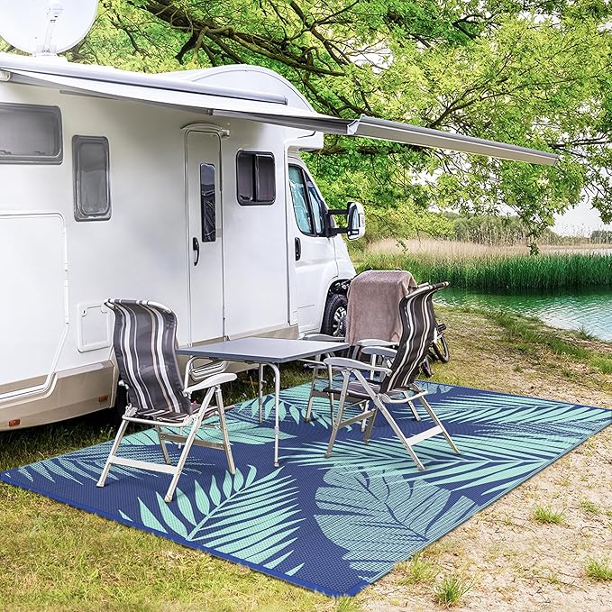 GENIMO Outdoor Rug 6' x 9' Waterproof for Patios Clearance, Reversible Outdoor Plastic Straw Camping Rug Carpet, Large Area Rugs Mats for RV, Camper, Deck, Balcony, Porch, Beach, Royal Blue&Blue Green