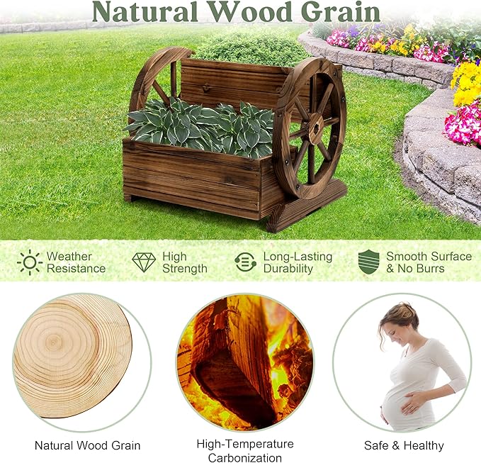 2PCS Wooden Wagon Planter Box, Garden Planter with Wheels,Decorative for Flowers Herbs Vegetables for Indoor & Outdoor Decor,Wooden Flower Cart for Patio Garden Balcony