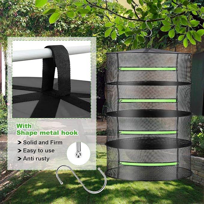 1.5ft Herb Drying Rack Net Mesh with Green Zippers Hydroponics, Bonus Hook Drying Rack for Plant Bud Seed, Mesh Hanging Plant Dry, Herb Dry Net for Garden (4 Layers, Green Zipper)