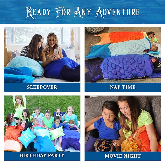Mermaid Tail Blanket for Kids - 5-Piece Glow in The Dark Girls Slumber Set - Wearable Mermaid Tail Sleeping Bag - Ideal for Sleepovers