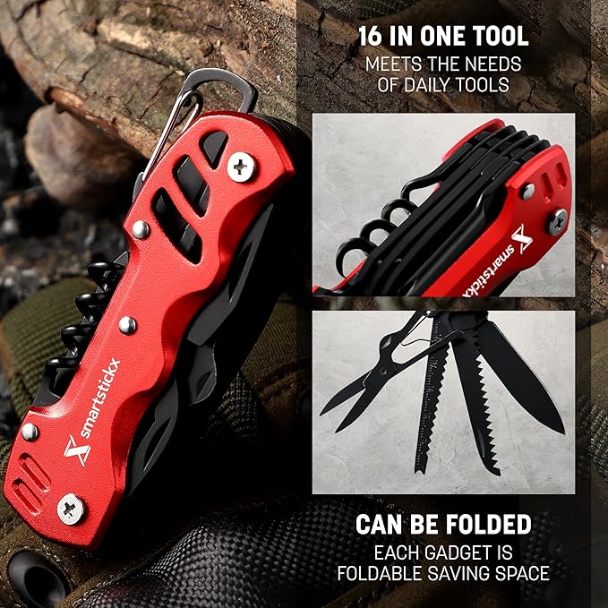 16 in 1 Multi Tool Tactical Knife Camping essential Survival with Knife, Scissors, Saw, Wine Opener, Multiple Screwdrivers, Key Chain Easy Carry, Fish Scaler (Red)