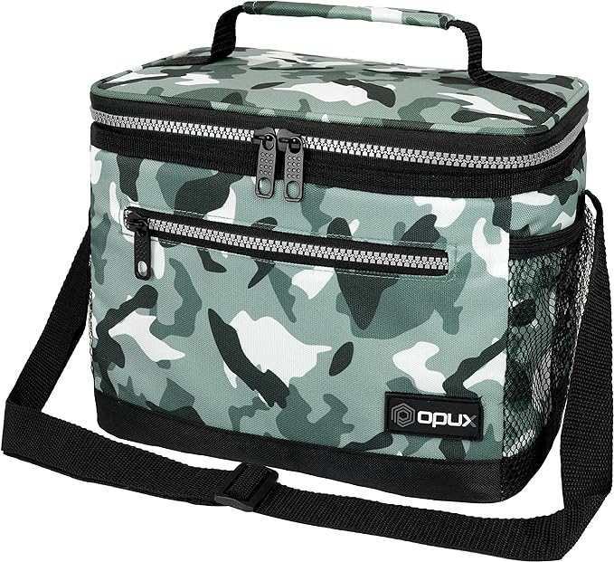 opux Insulated Lunch Box Men Women, Lunch Bag for Work School, Leakproof Soft Cooler Tote Adult, Large Lunch Pail Kids Boys Girls, Picnic Beach Food Bag with Shoulder Strap, Camo Green