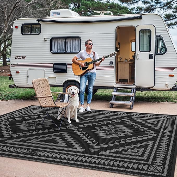 GENIMO Outdoor Rug for Patio Clearance, 8x10 ft Waterproof Mat,Reversible Plastic Camping Rugs, Rv, Porch, Deck, Camper, Balcony, Backyard, Black and Grey