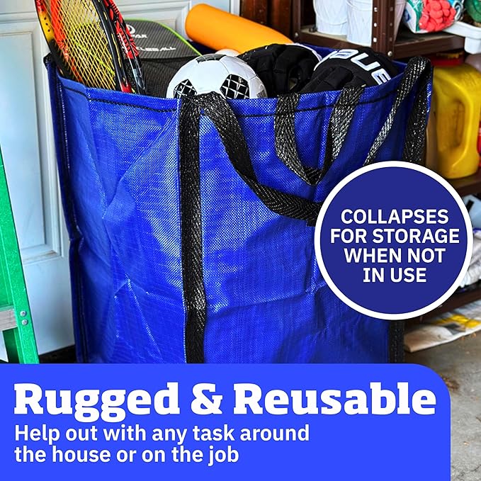 DURASACK Heavy Duty Home and Yard Bags 48-Gallon Reusable Self-Standing Lawn and Leaf Bags Garbage Can with Reinforced Handles, Blue, 3 Pack