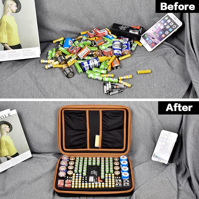 Comecase Battery Organizer Storage Box, Carrying Case Bag Holder - Holds 140+ Batteries AA AAA AAAA C D 9V - with Battery Tester - Brown(Batteries are Not Included)