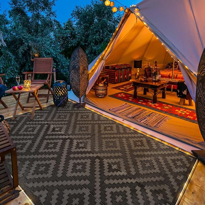 GENIMO Outdoor Rug with LED Strip Lights, 9'x12' Waterproof Camping Mat, Reversible Plastic Straw Rugs for Patio, RV, Camper, Balcony, Backyard, Picnic, Deck, Black & Gray