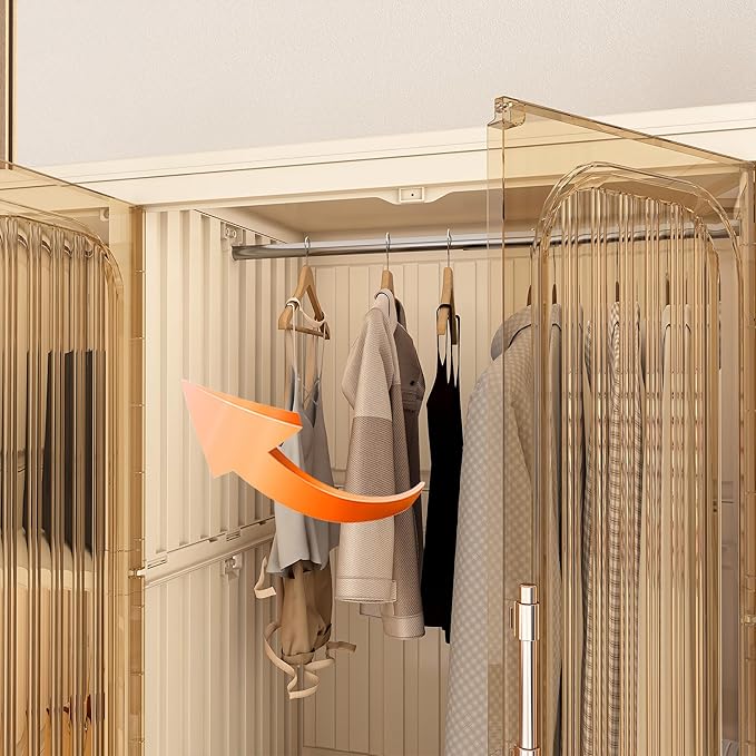 Portable Wardrobe Closet Storage Organizer, Plastic Collapsible Closet Organizer with Transparent Magnetic Door, for Bedroom Living Room,Easy Assemble,12 Cubes & 1 Hanging Rod