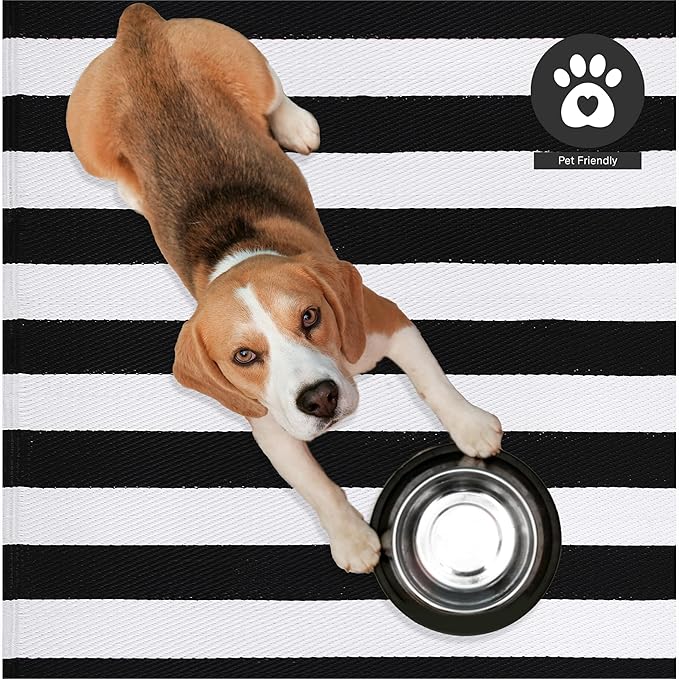 FH Home Outdoor Camping Rug - Waterproof, Fade Resistant, Reversible - Premium Recycled Plastic - Striped - Patio, Deck, Sunroom, RV - Brittany Stripe - Black & White - 5 x 8 ft Foldable