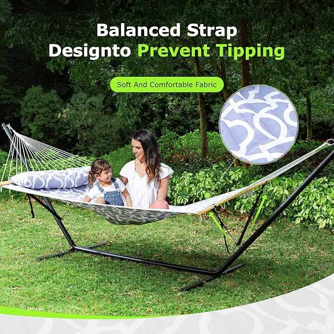 Double Hammock with Stand for Outdoor, Heavy Duty Portable Hammock with Adjustable Steel Stand for Patio, Garden, Beach, Backyard - Includes Carrying Bag,Round Gray