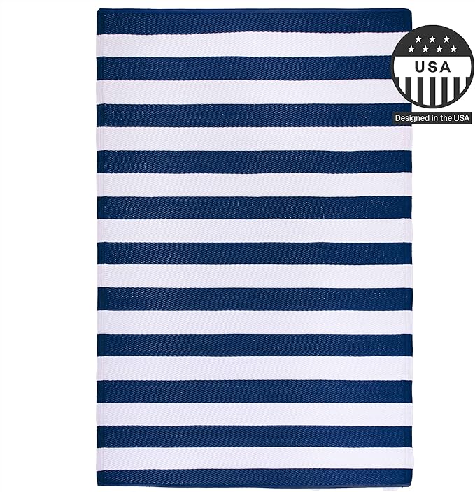FH Home Outdoor Rug - Waterproof, Fade Resistant, Reversible - Premium Recycled Plastic - Striped - Large Patio, Deck, Sunroom, Camping, RV - Brittany Stripe - Blue & White Crease Free - 5 x 8 ft
