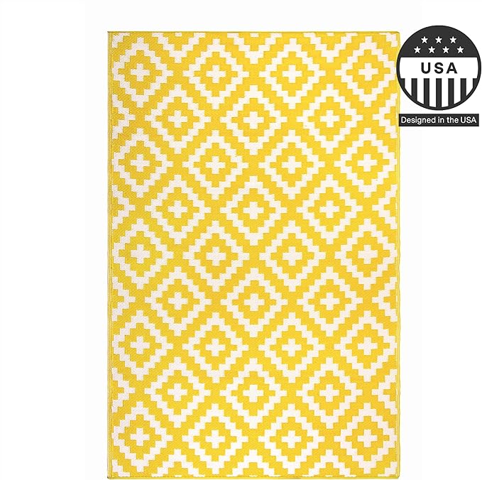 FH Home Outdoor Camping Rug - Waterproof, Fade Resistant, Reversible - Premium Recycled Plastic - Geometric - Picnic, Patio, Deck, Sunroom, RV - Aztec - Yellow & White - 4 x 6 ft Foldable