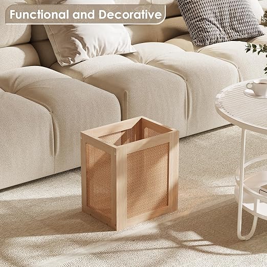 Retro Office Trash Can, Iron and Wood Combination Bedroom Garbage Can, Rectangular Design Wastebasket with Handle, Industrial Style Trash Can for Home Office, 4.5 Gallon (Natural Color)