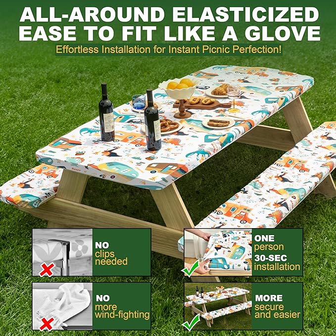 72 X 30 Inch Elastic Fitted Camping Table Cover with Bench Covers & Storage Bag, Picnic Tablecloth, Fits 6ft Picnic Tables, Polyester, Washable, Spill Resistant, Waterproof - Dino