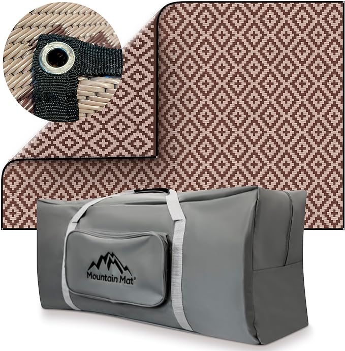 Premium RV Patio Mat Size 8' x 16' Made from Recycled Plastic for Camping - Thick 5 mm Heavy Duty, Waterproof, Reversible Rugs Recycled Polypropylene (8' x 16', Brown Diamond)