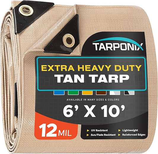 6' x 10' Extra Heavy-Duty Tan Poly Tarp – 12 Mil Thick, Waterproof, UV-Resistant Polyethylene with Reinforced Edges, Double-Stitched Hems, and Rustproof Grommets