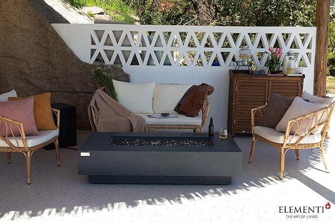 Elementi+ | Positano Gas Fire Pit Cast Concrete 60" Rectangular Fire Table, Outdoor Fire Pit Electronic Ignition | Canvas Cover, Fire Glass and Burner Lid Included | Dark Gray | Natural Gas