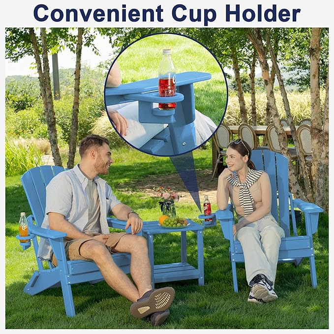 Folding Adirondack Chair Set of 2 with Cup Holder,Heavy All-Weather,Wooden Textured,HDPE Outdoor Chairs, Patio Backyard Fire Pit, Light Blue