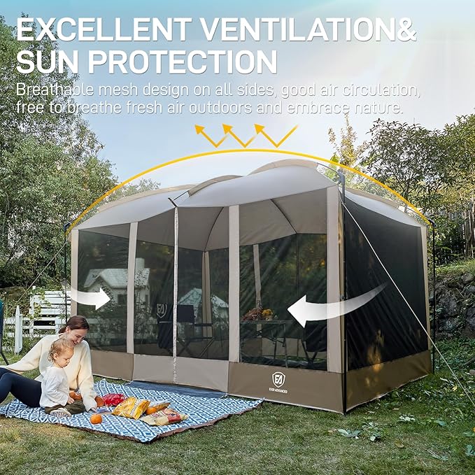 EVER ADVANCED Magnetic Screen House Room 11x9ft, Hands-Free Entry,Screenhouse with Sun Protection for Camping&Picnic, 11x9ftCamping Tent Canopy Shelter with Mesh, Brown