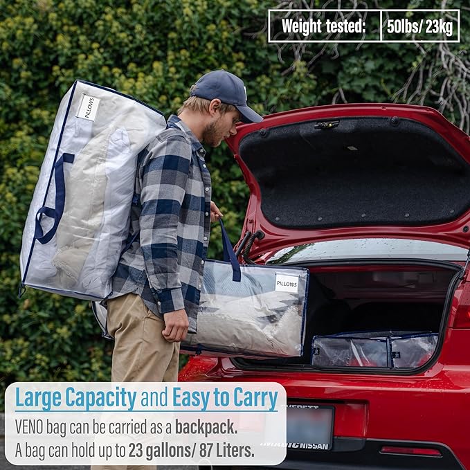 VENO 6 Pack Moving Bags w/Backpack Straps, Heavy Duty, Moving Boxes Alternative, Packing Supplies, Large Storage Totes for Dorm Room Essentials with Zipper for Clothes (Clear, 6 Pack)