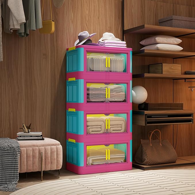 Holaki 156 QT Storage Bins with Lid, 4 Tiers Collapsible Closet Organizers, Stackable Plastic Storage Bins Cabinet Box with Wheels and Magnetic Door for Princess Room, Girl(Colorful)